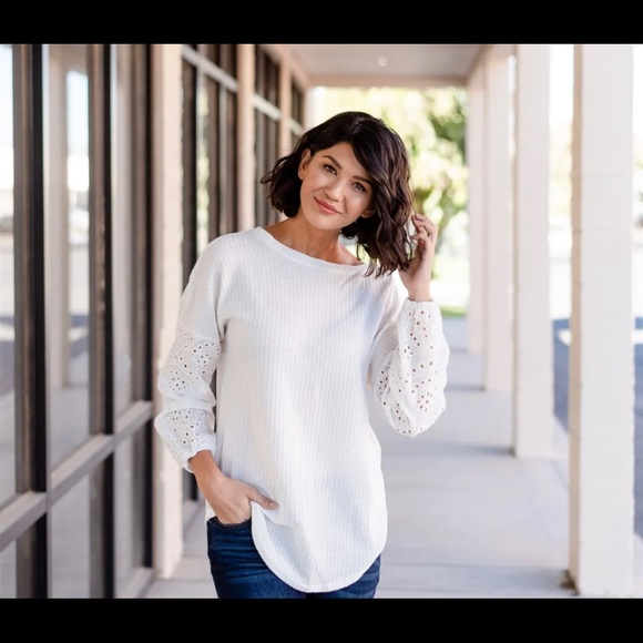 Tops | Waffle Knit Top With Eyelet Sleeves | Poshmark